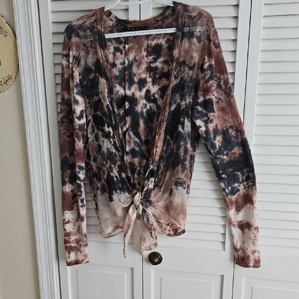 Mezon Brown and Black Tie-Front Long Sleeve Cardigan